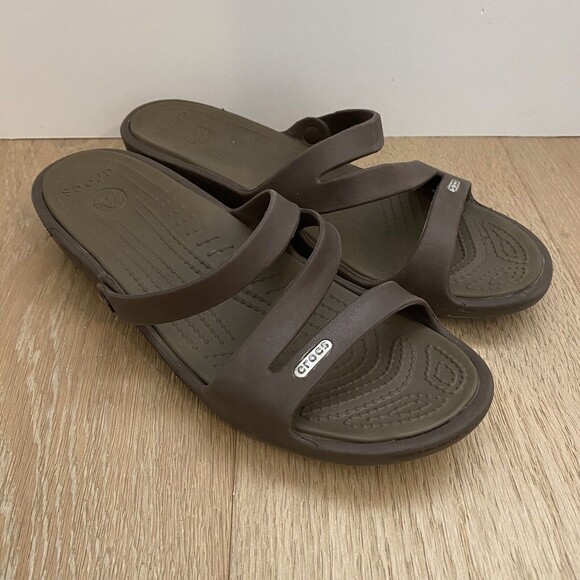 CROCS Patricia Mini Wedge 10386 Brown Women's Size 10 Strappy Slip On Sandals - Picture 1 of 7